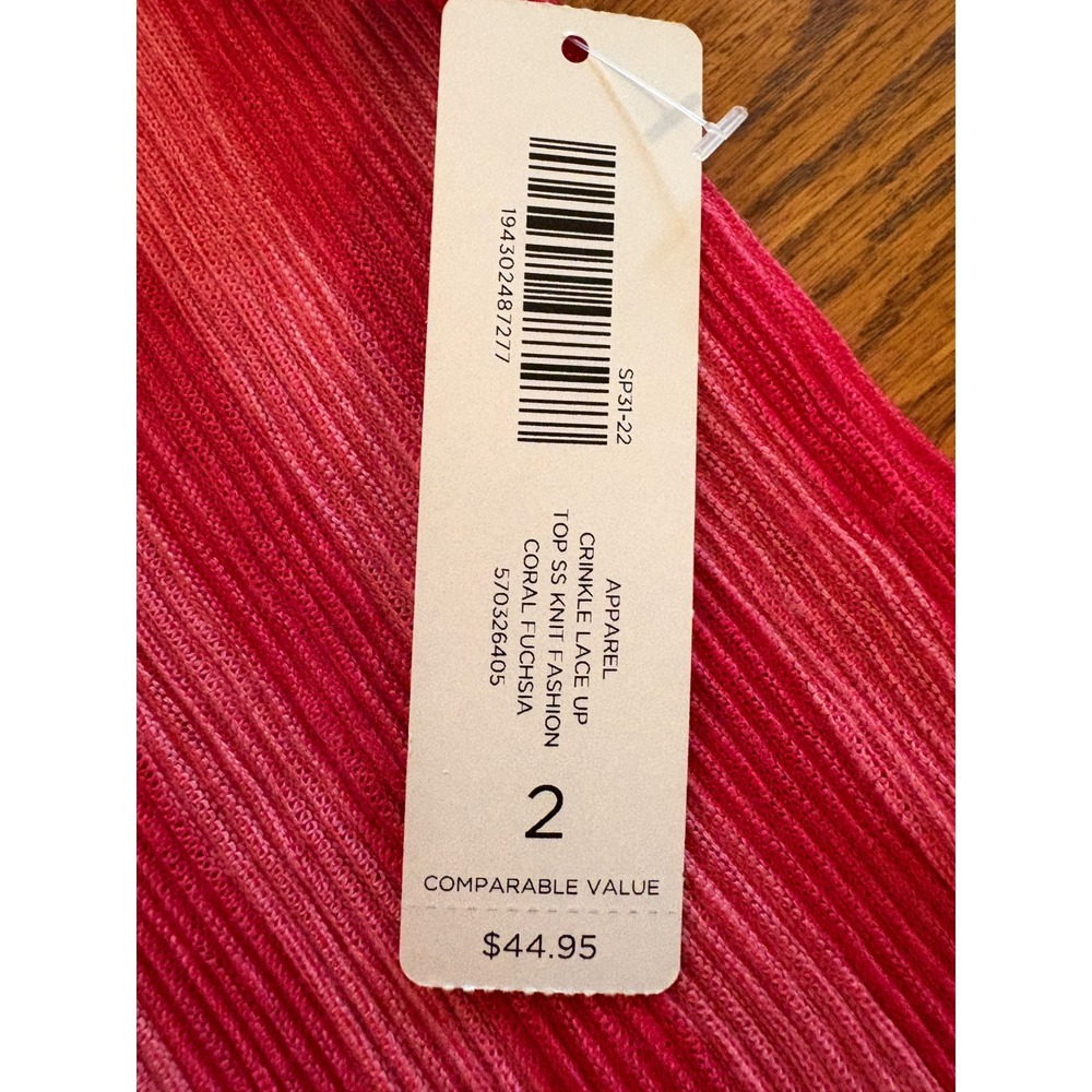 Chicos Crinkle Lace Up Top SS Knit Fashion Coral Fuchsia Stripe Size 2 Large NWT - Picture 13 of 13
